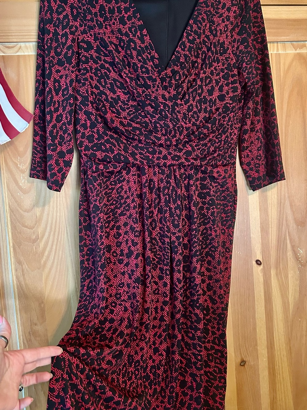 London Times Red and Black Patterned Faux-Wrap Midi Dress